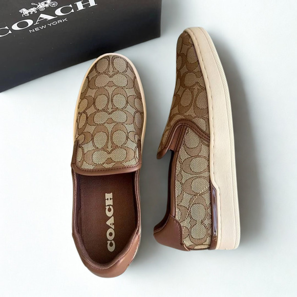 Coach Wells Slip On Sneakers C4393 Sig PVC Khaki Saddle Women’s 9B NIB - Picture 6 of 12